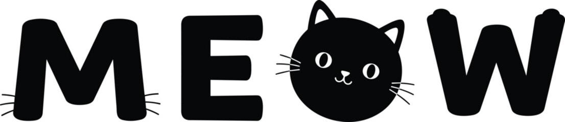 Cute black cat typography design with meow text, whiskers, and cat face, minimalist animal illustration, playful kitten vector art for print © Ideasy Mind