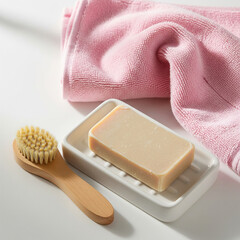 soap and towel on wooden background. Beige bar soap in white ceramic holder with wooden brush and pink towel.
