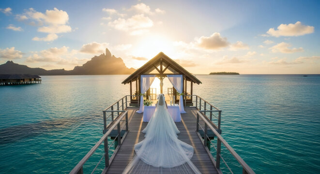 A bride in a white wedding gown with a long veil walks towards an overwater chapel on a pier during a stunning tropical sunrise or sunset. - Powered by Adobe