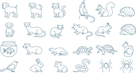 Pet animal outline vector icons set, dogs, cats, birds, reptiles, rodents, fish, rabbits, spiders, hedgehogs, squirrels, simple line art illustration