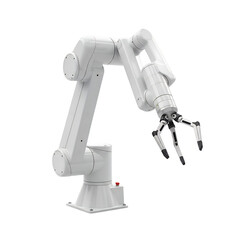 White industrial robotic arm with a multi-finger gripper for factory automation and advanced technology concepts isolated on black.