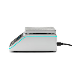 Modern Laboratory Shaker with Digital Display and Glowing Blue Light on Black Background