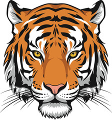 Realistic tiger face illustration in vibrant colors, fierce wild animal head, big cat vector art, detailed wildlife predator graphic for print