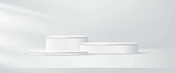3D studio display showroom cosmetic product pedestal, Fashion stage showcase mockup scene. 3D white round product podium set background with window lighting. Abstract composition in minimalist design.