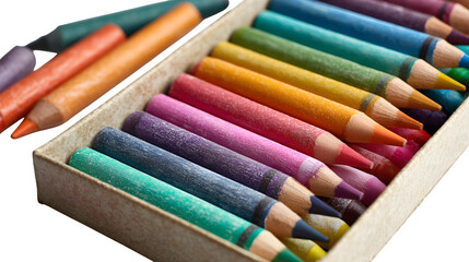 Obraz premium Box of crayons and a child? drawing, photorealistic, isolated on white background