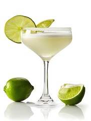A classic margarita served in a stylish wide-brim glass, garnished with lime slices and surrounded by fresh limes.