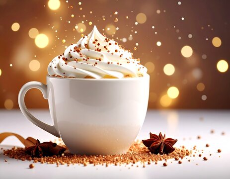 Whipped cream-topped beverage in a white mug, surrounded by anise stars and sprinkles, against a bokeh background - Powered by Adobe