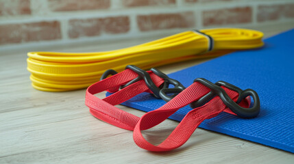 Red and yellow resistance bands and blue exercise mat