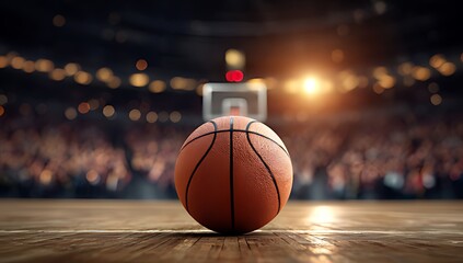 Basketball on Court, Ready for Game in Packed Arena,A close-up of a basketball resting on a wooden basketball court floor.