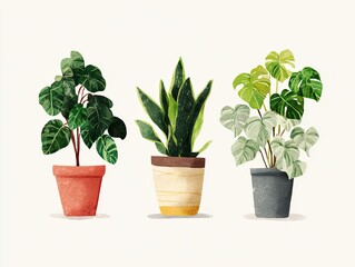 Fototapeta premium Watercolor illustration of three different potted plants on a light neutral background