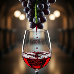glass of red wine and grapes. Glass being filled with wine drops from black grapes.