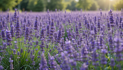Naklejka premium Vibrant lavender field bathed in soft golden sunlight, creating a serene and fragrant natural landscape.