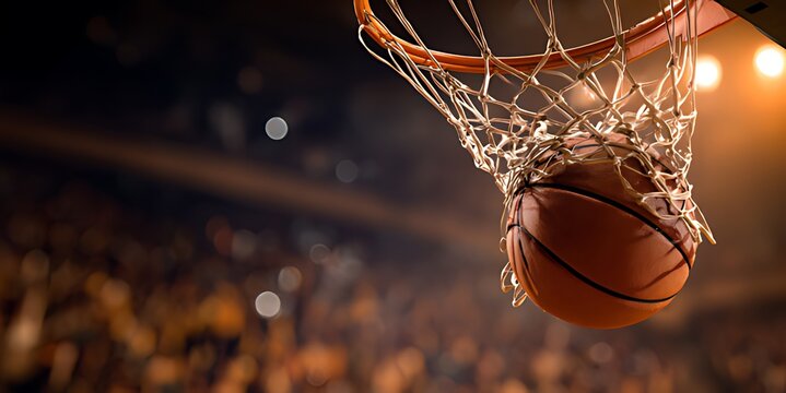 Basketball Swishing Through the Net in a Thrilling Game, A close-up shot of a basketball about to enter the hoop, with a blurry background of a packed basketball arena.