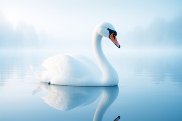 Obraz premium Elegant white swan floating peacefully on still lake with misty forest background in soft morning light, symbolizing serenity and purity. Ai generative