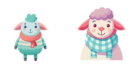 Fototapeta premium Charming Sheep Wearing Cozy Neck Scarf Winter Farm Animal Vector Illustration Design