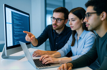 Close-up of young tech team coding together in modern office. Sharp focus, cool tones, ideal for business, teamwork, and innovation themes.