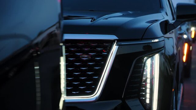 Luxury black SUV convoy driving through city streets at night with LED headlights illuminated. Vehicles appear as part of a formal security escort or wedding procession. Modern cars of protection