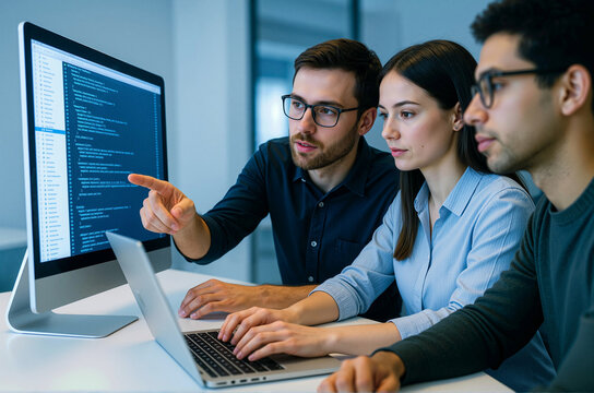 Close-up of young tech team coding together in modern office. Sharp focus, cool tones, ideal for business, teamwork, and innovation themes.