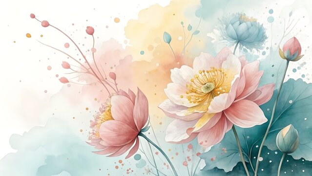 Delicate watercolor lotus flowers with soft pastel colors isolated on transparent background