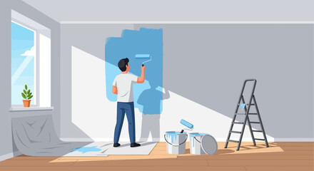 A man painting a wall blue with a roller, with paint buckets and a ladder nearby.