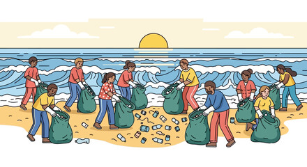 Group of people cleaning up plastic waste on a beach at sunset, collecting trash in bags.