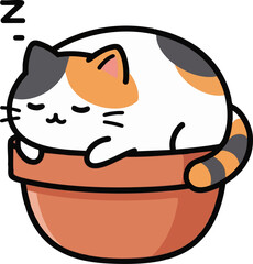 Calico Cat in a Flower Pot - Sleeping Kitty