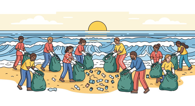 Group of people cleaning up plastic waste on a beach at sunset, collecting trash in bags.