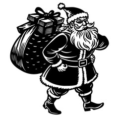 Santa claus is walking with a bag full of gifts isolated on white background