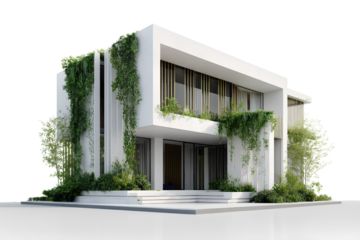 Minimalist Residential Building with Vertical Gardens and Solar Panels, Transparent Background