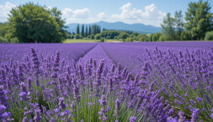 Naklejka premium Vibrant lavender field stretching towards distant mountains under a clear blue sky with fluffy clouds