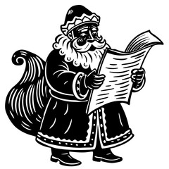 Santa claus reading a list from his sack isolated on white background