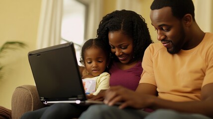 Fototapeta premium Family using laptop together on the couch at home