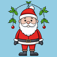 Cartoon santa claus with holly branches and ornaments on a light blue background