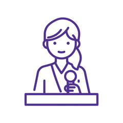 Flat Line Icon – Woman Speaking at Podium, holding a microphone, delivering a speech or presentation in a professional setting.