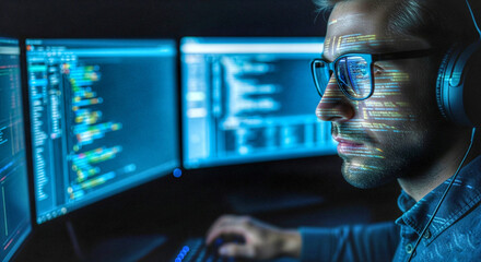 Focused software developer coding on multiple computer screens, immersed in technology, cybersecurity, data analysis, and innovative digital solutions.