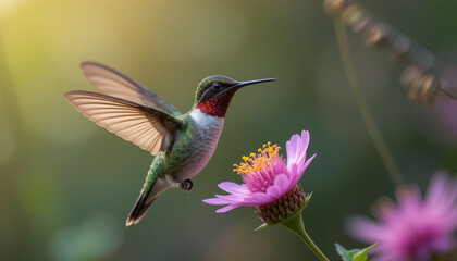 Fototapeta premium Stunning ruby throated hummingbird hovers near vibrant pink flower, capturing nature's delicate dance in sunlight.
