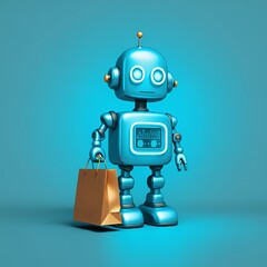 Naklejka premium A charming blue vintage-style robot holding a shopping bag, symbolizing the future of artificial intelligence in e-commerce and retail automation