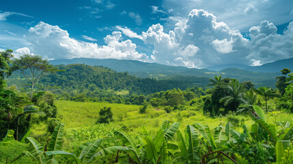 Fototapeta premium Lush Green Landscape in Guaviare. A vibrant view of dense tropical vegetation in Guaviare, Colombia, showcasing an abundance of greenery under a bright blue sky