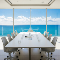 Fototapeta premium modern office interior with table and chair. interior of a modern office corporate room. Bright minimalist conference room with ocean view.