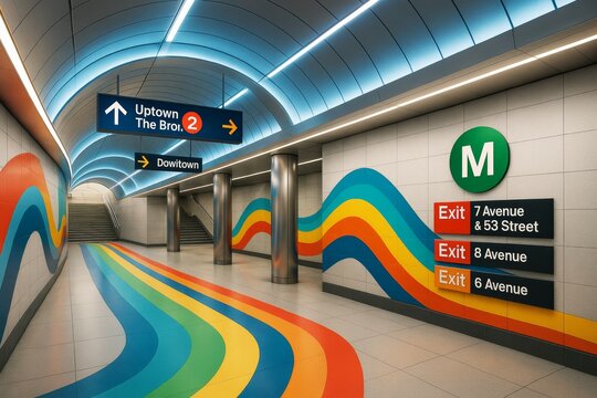 Colorful subway station interior with abstract rainbow lines, modern lighting, signage, and tiled walls in futuristic architecture style. Ai generative
