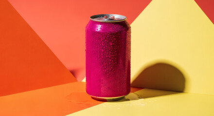 A vibrant magenta aluminum beverage can covered in condensation droplets against a colorful geometric background of orange, red, and yellow.