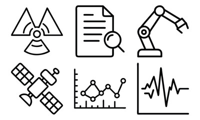 Science and Laboratory Line Icons Chemistry, Physics, Biology, Space, Robotics, Data, and Medical Vector Icon Set for Education, Research, and STEM Projects