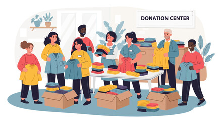 Volunteers sort and organize clothing donations at a donation center, preparing items for distribution.