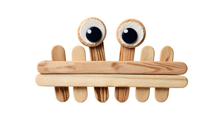 Child? craft project with popsicle sticks and googly eyes, photorealistic, isolated on white background