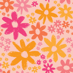 A cheerful, retro-inspired floral pattern featuring hand-painted daisy-like flowers in bold shades. The textured brushstroke style gives the blooms a charming, hand-crafted feel.
