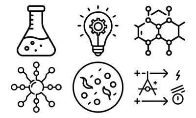 Science and Laboratory Line Icons Chemistry, Physics, Biology, Space, Robotics, Data, and Medical Vector Icon Set for Education, Research, and STEM Projects