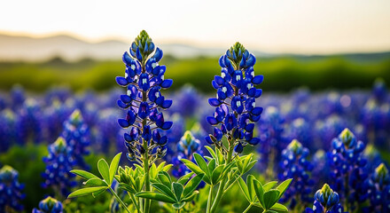 Vibrant Bluebonnet Field in Soft Golden Light with Dreamy Bokeh