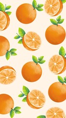 Vibrant Orange Slices and Whole Fruits with Green Leaves Pattern