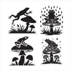 Four silhouettes of frogs on mushrooms in different poses and styles
