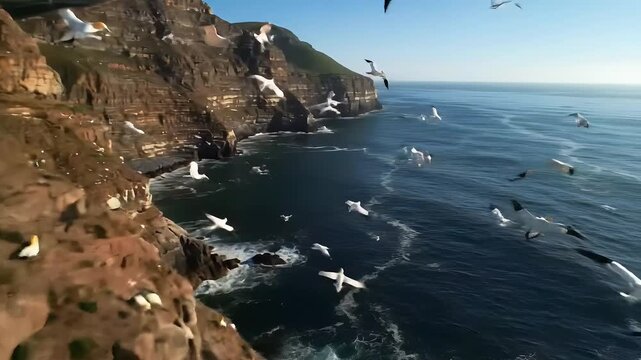 Cliffside Seabirds Nesting and Flying Along Coastal Cliffs, Ocean View